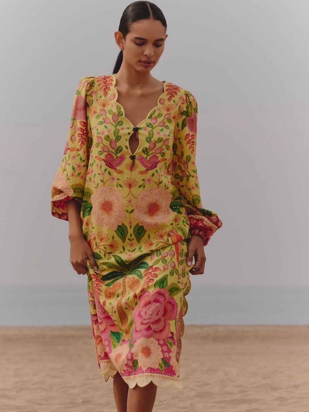 NWT Farm Rio Anthropologie Women's Linen Long Sleeves Midi Dress Small